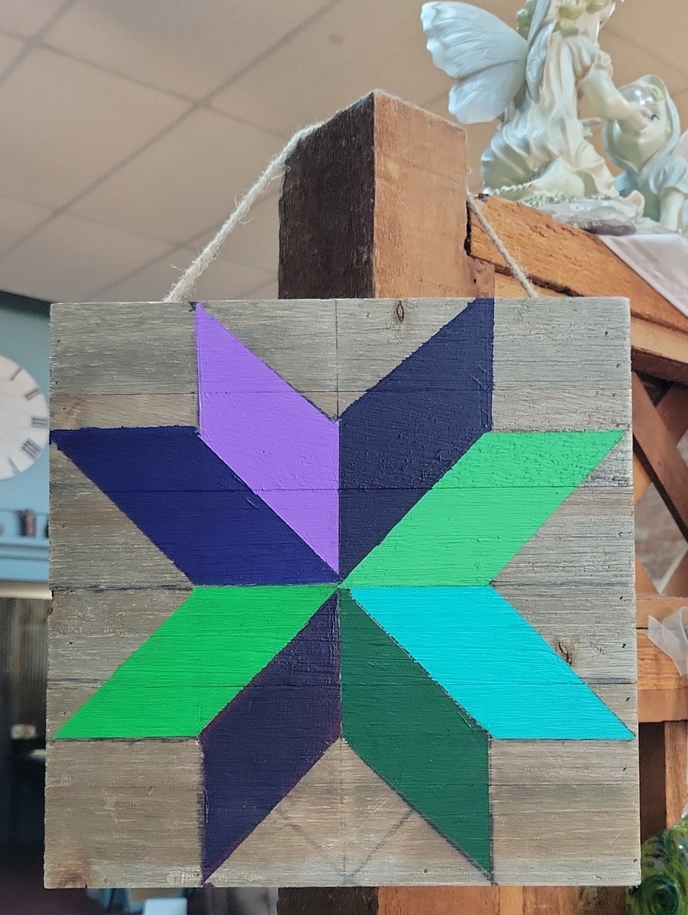 Hand-Painted Geometric Star Wood Wall Plaque in Purple & Greens & Teal